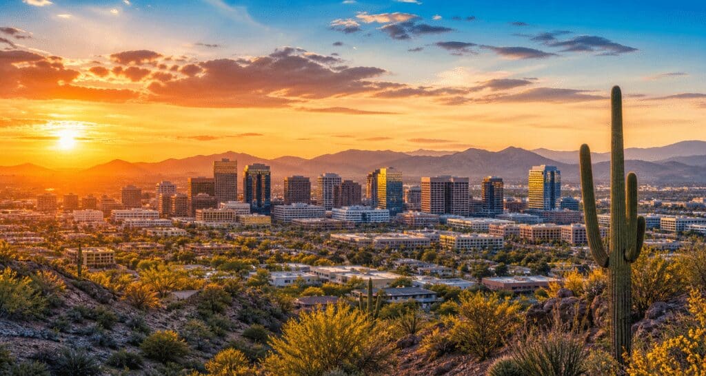 Phoenix Arizona skyline at sunset representing hope and recovery support