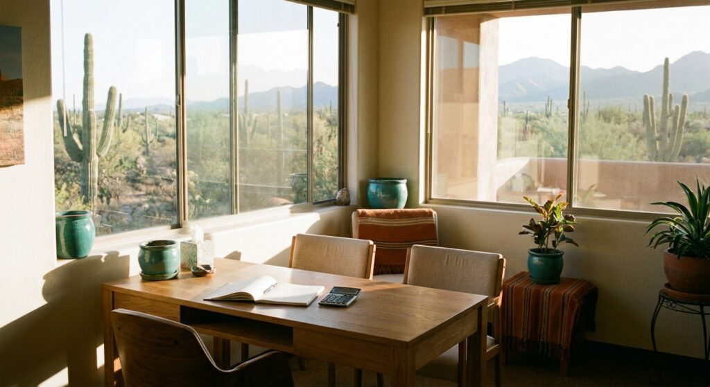 Counseling office at Phoenix rehab facility with desk, chairs, and desert view through windows in natural morning light