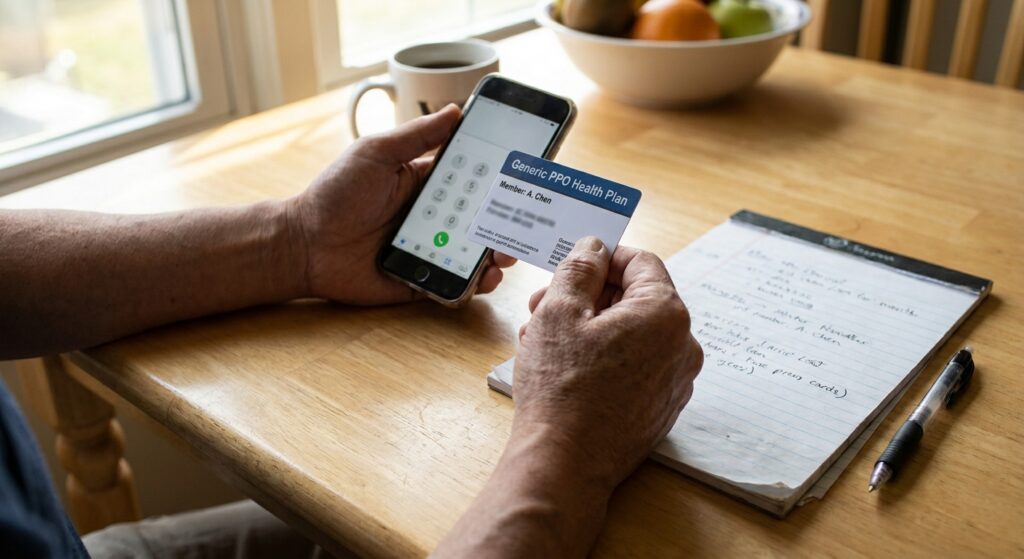 Person holding PPO insurance card and phone while preparing to verify residential rehab coverage at kitchen table