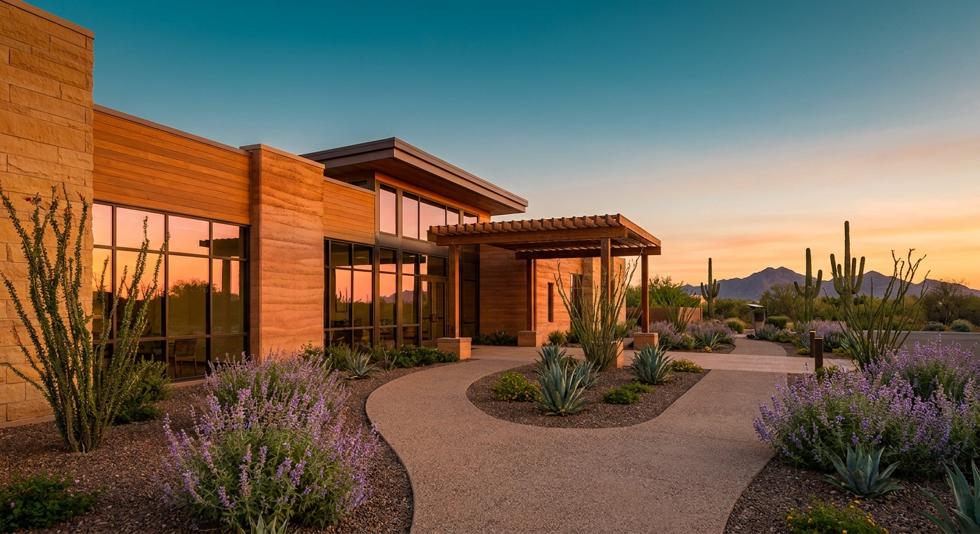 Step One behavioral health facility entrance in Phoenix with desert landscape and mountains at sunset