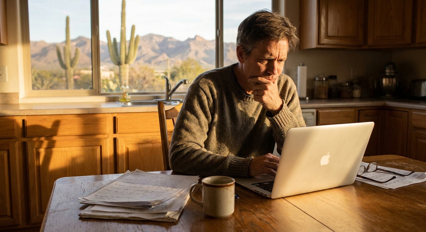Parent researching treatment options at kitchen table with laptop and notes in natural afternoon light
