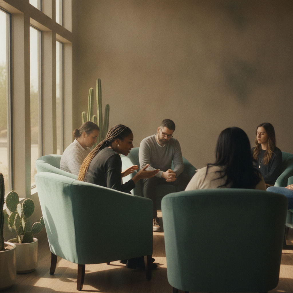 Adults participating in a residential therapy group session with natural lighting in a warm, supportive treatment environment in Phoenix
