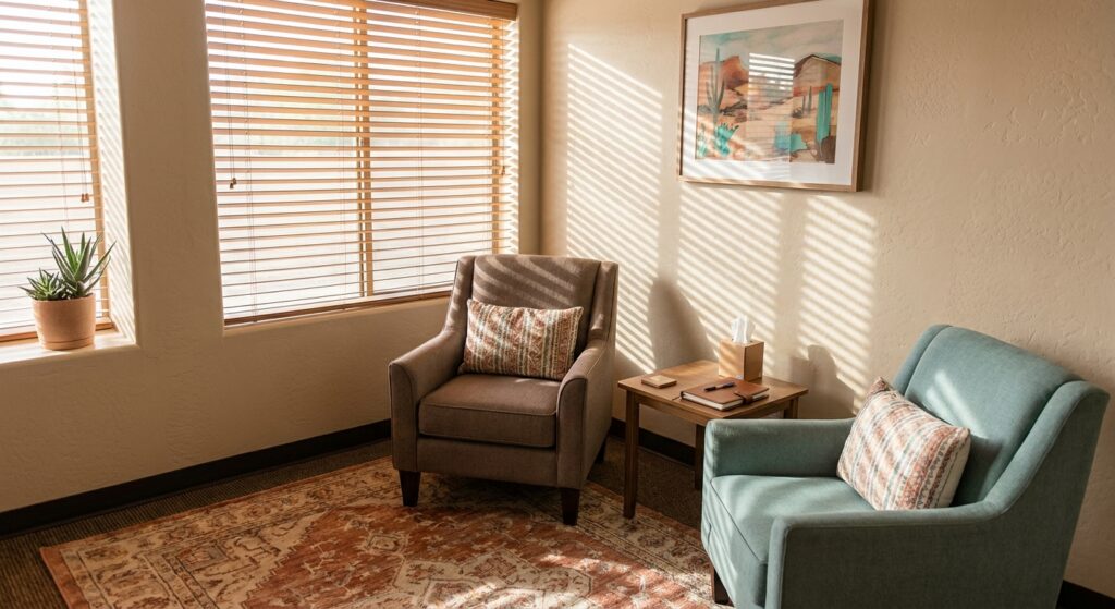 Two chairs arranged for therapy session in a comfortable counseling room with natural light