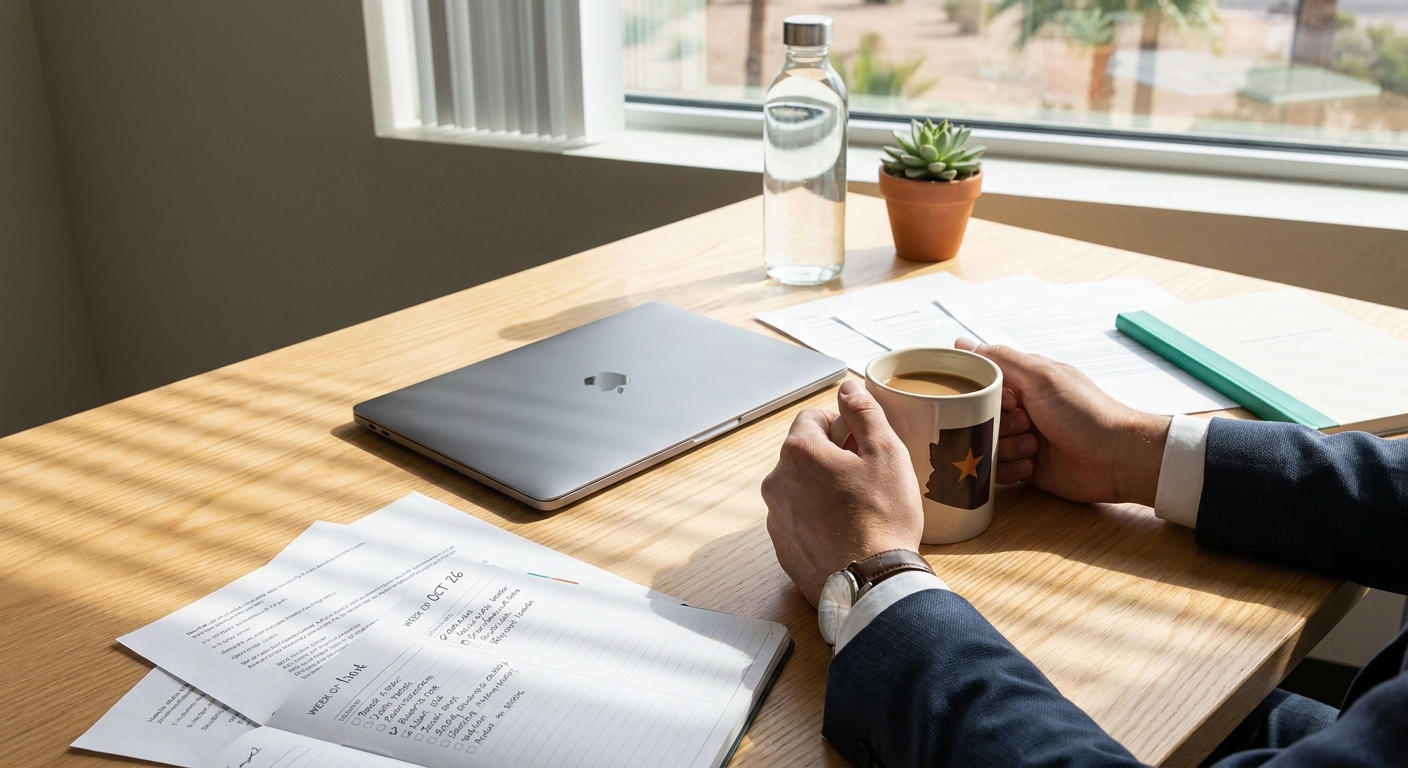 Person's hands holding coffee mug at organized office desk with planner and laptop, symbolizing return to work after treatment