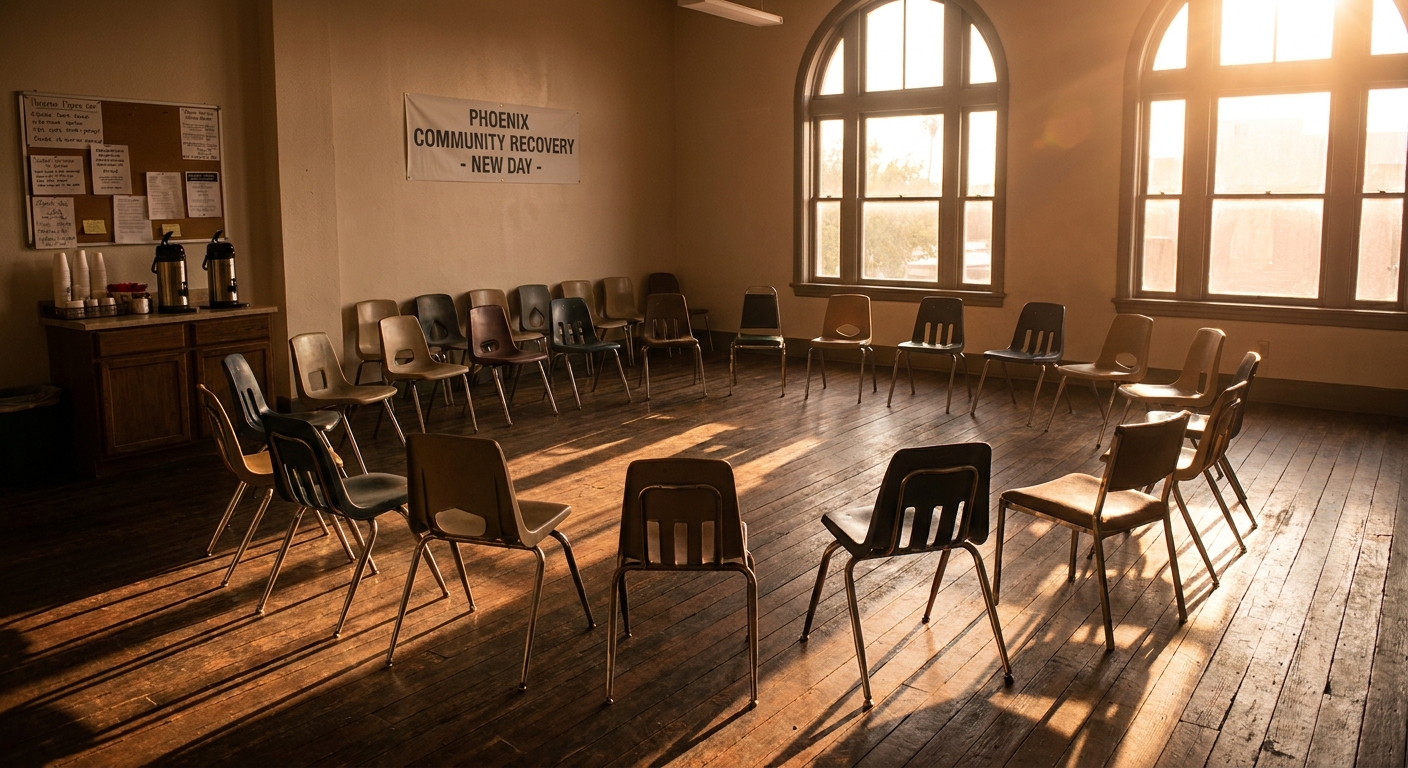 Empty chairs arranged in circle in Phoenix recovery center meeting room with morning sunlight streaming through windows