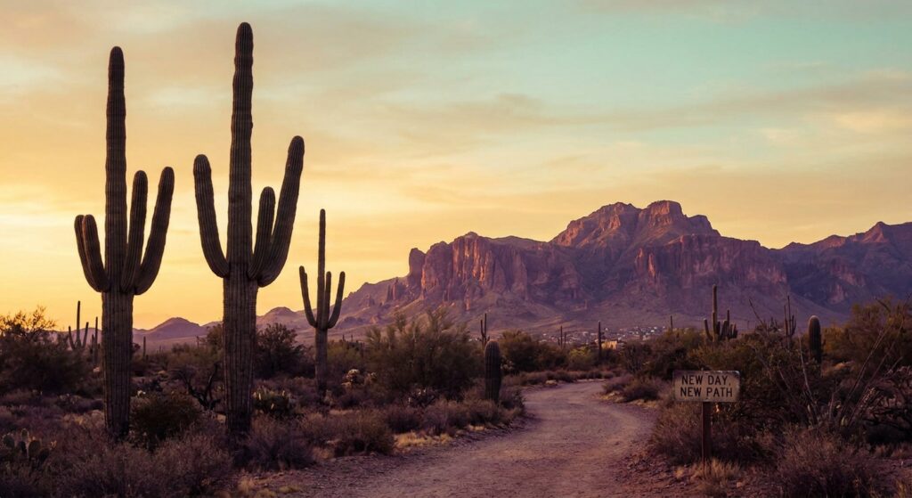 Sunrise over Phoenix desert with saguaro cacti and mountains representing hope and new beginnings in addiction recovery