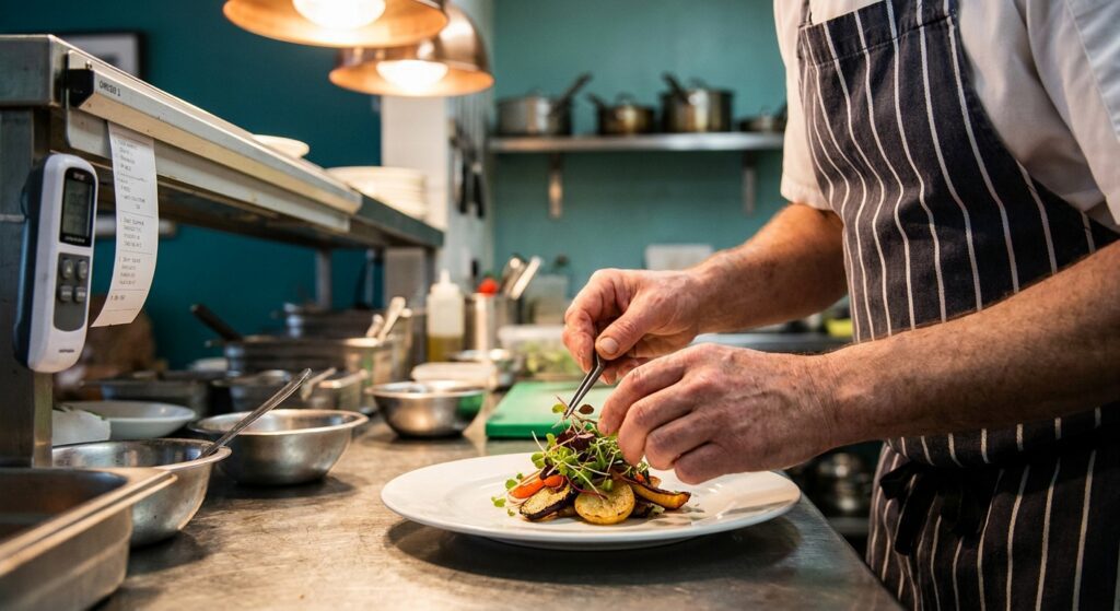 Hands carefully plating food in a Phoenix restaurant kitchen, demonstrating focus and professional food preparation skills