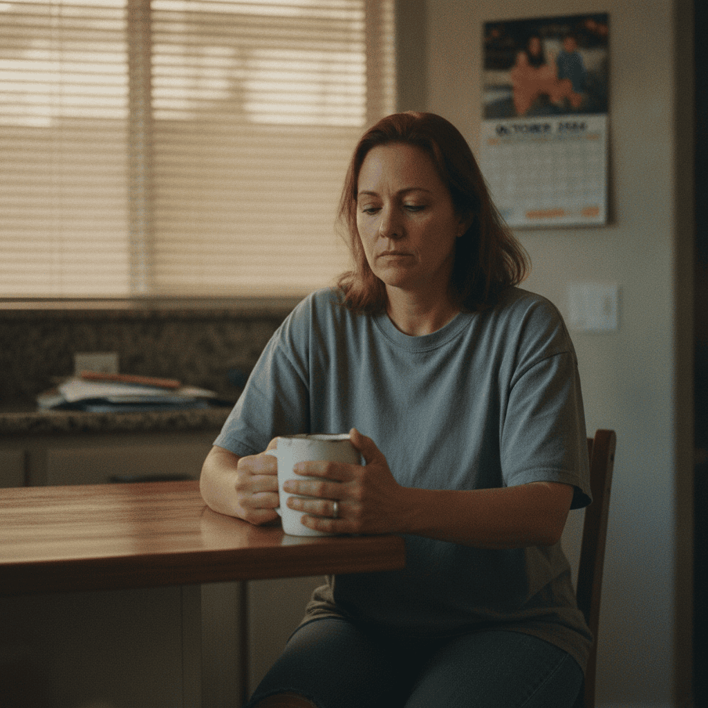 Woman sitting alone at kitchen table in Phoenix home, looking tired but determined, natural afternoon light