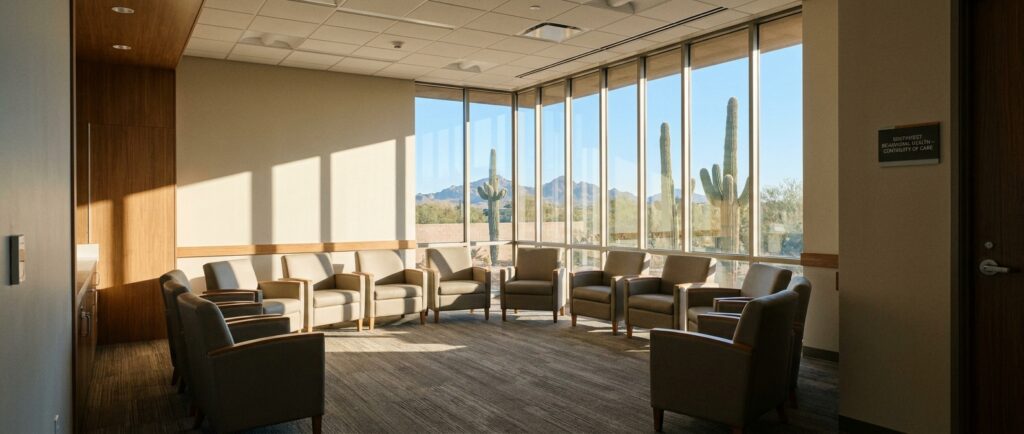 Empty group therapy room with chairs arranged in circle and large windows showing Phoenix desert landscape, representing intensive outpatient program treatment space