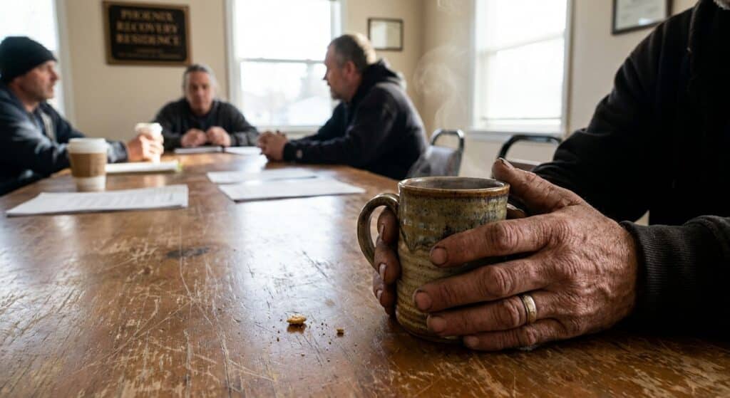 Hands holding coffee mug at morning recovery meeting, representing daily 12-step practice and connection in residential treatment